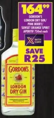 Shoprite Gordon's london dry gin/ pink berry/ sunset orange spirit aperitif offer