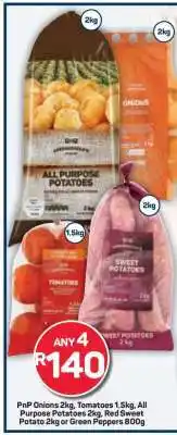 Pick n Pay PnP Onions 2kg, Tomatoes 1.5kg, All Purpose Potatoes 2kg, Red Sweet Potato 2kg or Green Peppers 800g offer