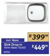 K Carrim Sink Drop In 40mm Waste 750 x 400 42652 offer