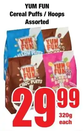 Boxer Superstores YUM FUN Cereal Puffs/ Hoops Assorted offer