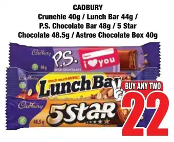 Boxer Superstores CADBURY Crunchie/ Lunch Bar/ P.S. Chocolate Bar/ 5 Star Chocolate/ Astros Chocolate Box offer