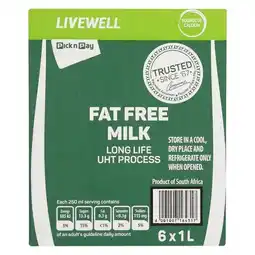 Pick n Pay Liquor PnP Live Well UHT Fat Free Milk 6 x 1L offer