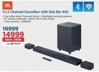 Incredible Connection JBL 5.1.2 Channel Soundbar with Sub Bar 800 offer