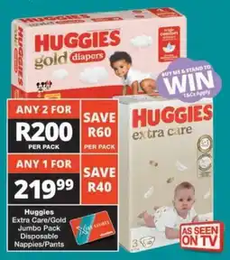 Checkers Hyper Huggies Extra Care/ Gold Jumbo Pack Disposable Nappies/ Pants offer