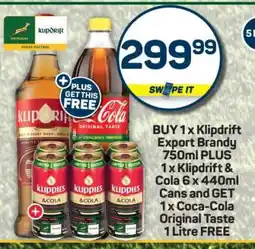 Pick n Pay Klipdrift Export Brandy 750ml PLUS 1 x Klipdrift & Cola 6 x 440ml Cans offer