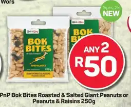 Pick n Pay PnP Bok Bites Roasted & Salted Giant Peanuts or Peanuts & Raisins 250g offer
