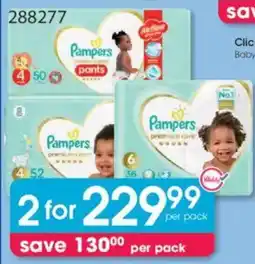 Clicks Pampers Premium Care Pants or Disposable Napples Value Pack offer