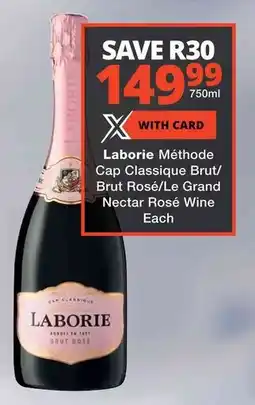 Checkers Laborie Méthode Cap Classique Brut/ Brut Rosé/ Le Grand Nectar Rosé Wine offer