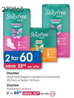 Clicks Stayfree Maxi Pads Regular Scented or Unscented or Super offer