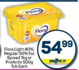 Pick n Pay Flora Light 40%, Regular 50% Fat Spread 1kg or ProActiv 500g Tub Each offer