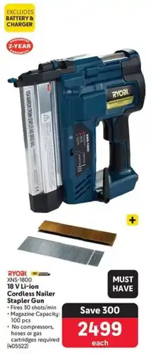 Makro RYOBI 18 V Li-ion Cordless Nailer Stapler Gun offer