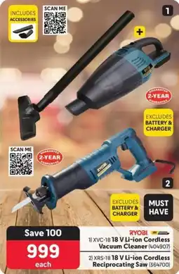 Makro RYOBI 18 V Li-ion Cordless Vacuum Cleaner or 18 V Li-ion Cordless Reciprocating Saw offer