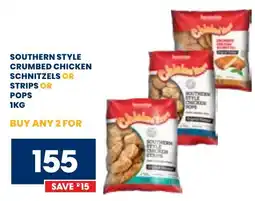 Econo Foods Southern style crumbed chicken schnitzels or strips or pops offer