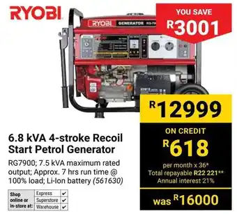 Builders Warehouse RYOBI 6.8 kVA 4-stroke Recoil Start Petrol Generator offer