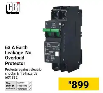Builders Warehouse CBI 63 A Earth Leakage No Overload Protector offer