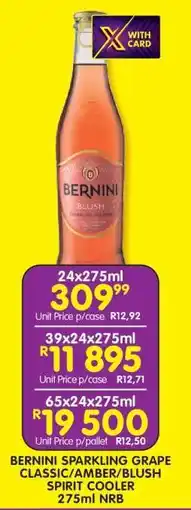 Shoprite BERNINI SPARKLING GRAPE CLASSIC/AMBER/BLUSH SPIRIT COOLER 275ml NRB offer