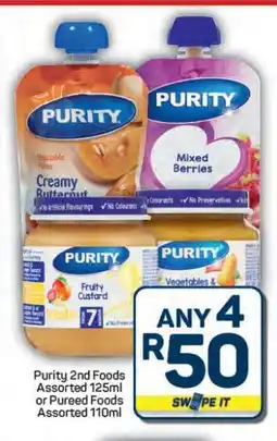 Pick n Pay Hypermarket Purity 2nd Foods Assorted 125ml or Pureed Foods Assorted 110ml offer