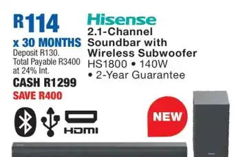 OK Furniture Hisense 2.1 Channel Soundbar With Wireless Subwoofer offer