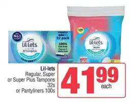 Spar Lil-lets Regular, Super or Super Plus Tampons 32s or Pantyliners 100s offer