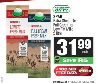 Spar SPAR Extra Shelf Life Full Cream or Low Fat Milk 2 litre offer