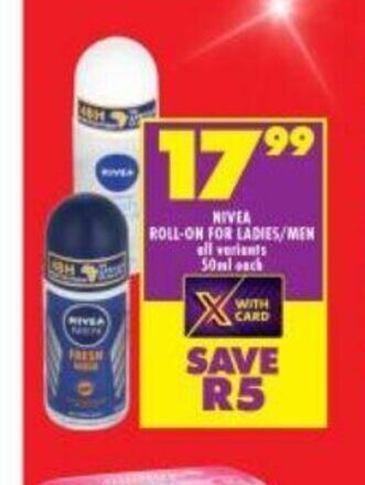 Shoprite Nivea Roll-On For Ladies/Men All Variants 50ml each offer