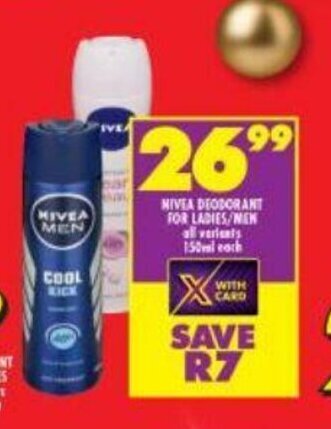 Shoprite Nivea Deodorant For Ladies / Men All Variants 150ml each offer