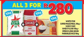 Usave White Star Super Maize Meal 10kg + Sasko Cake Wheat Flour 10kg + Spekko Long Grain Parboiled Rice 10kg offer