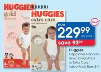 Clicks Huggies Disposable Nappies Gold Jumbo Pack or Extra Care Value Pack offer