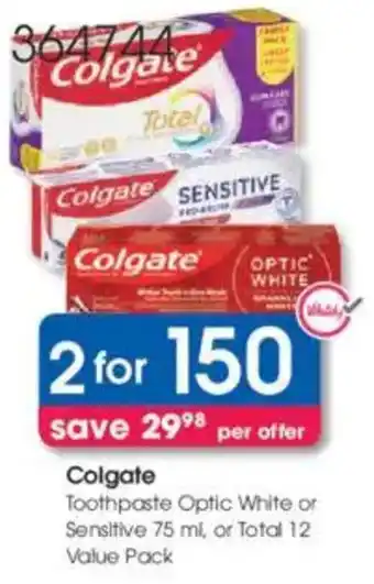Clicks Colgate Toothpaste Optic White or Sensitive or Total 12 Value Pack offer