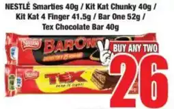 Boxer NESTLÉ Smarties/ Kit Kat Chunky/ Kit Kat 4 Finger/ Bar One/ Tex Chocolate Bar offer