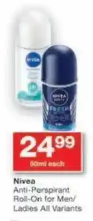 Checkers Nivea Anti-Perspirant Roll-On for Men/ Ladies All Variants offer