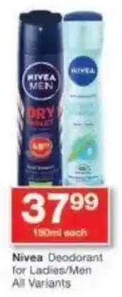 Checkers Nivea Deodorant for Ladies/ Men All Variants offer