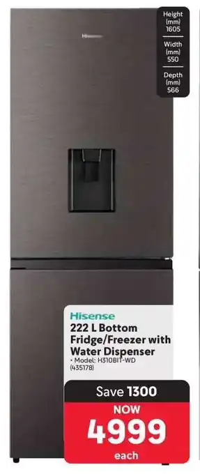 Makro Hisense 222 L Bottom Fridge Freezer with Water Dispenser offer