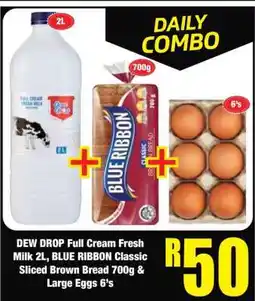 Boxer DEW DROP Full Cream Fresh Milk 2L, BLUE RIBBON Classic Sliced Brown Bread 700g & Large Eggs 6's offer