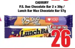 Boxer P.S. Duo Chocolate Bar 2 x 30g / Lunch Bar Max Chocolate Bar 57g offer