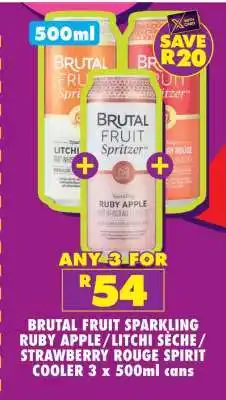 Shoprite BRUTAL FRUIT SPARKLING RUBY APPLE/LITCHI SECHE/STRAWBERRY ROUGE SPIRIT COOLER 3 x 500ml cans offer
