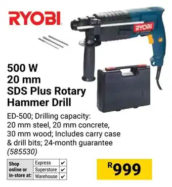 Builders Warehouse RYOBI 500W SDS Plus Rotary Hammer Drill offer
