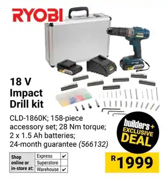 Builders Warehouse RYOBI 18 V Impact Drill kit offer