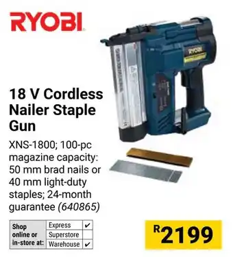 Builders Warehouse RYOBI 18 V Cordless Nailer Staple Gun offer