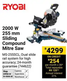 Builders Warehouse RYOBI 2000W 255mm Sliding Compound Mitre Saw offer