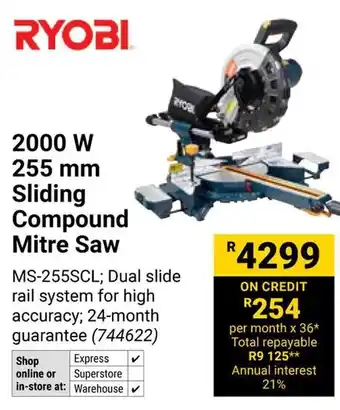 Builders Warehouse RYOBI 2000W 255mm Sliding Compound Mitre Saw offer