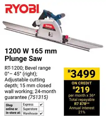 Builders Warehouse RYOBI 1200 W 165 mm Plunge Saw offer