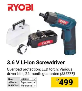 Builders Warehouse RYOBI 3.6 V Li-Ion Screwdriver offer