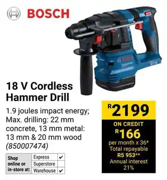 Builders Warehouse BOSCH 18 V Cordless Hammer Drill offer