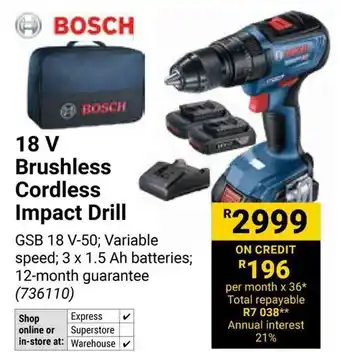 Builders Warehouse BOSCH 18V Brushless Cordless Impact Drill offer