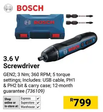 Builders Warehouse BOSCH 3.6 V Screwdriver offer