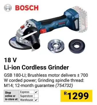 Builders Warehouse BOSCH 18V Li-ion Cordless Grinder offer