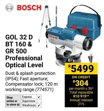 Builders Warehouse BOSCH GOL 32 D BT 160 & GR 500 Professional Optical Level offer