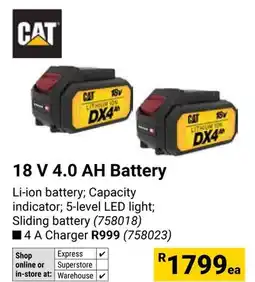 Builders Warehouse CAT 18 V 4.0 AH Battery offer