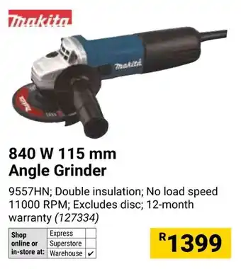 Builders Warehouse Makita 840W 115mm Angle Grinder offer